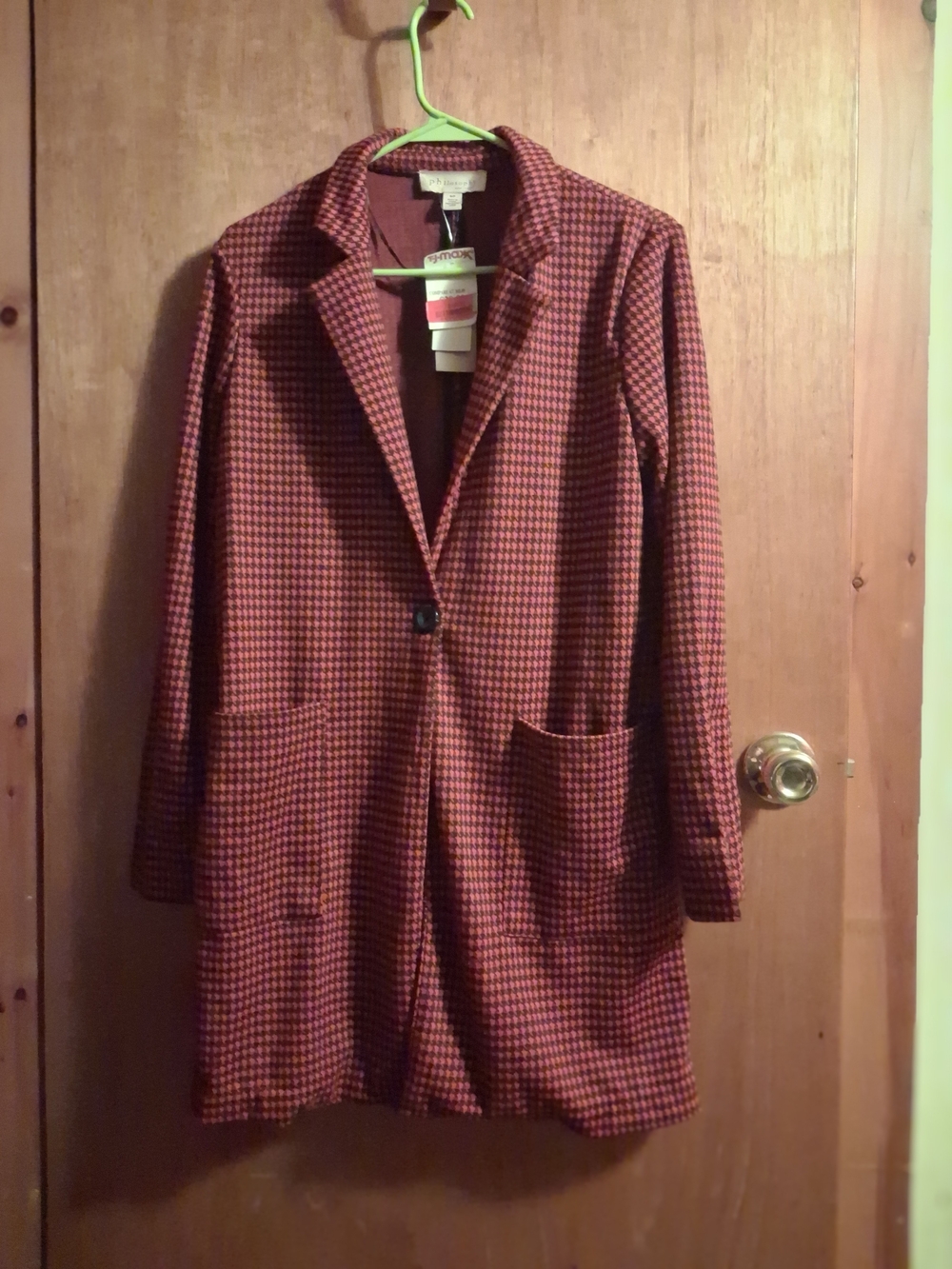 Philosophy Red and Black Houndstooth Single-Button Trench Coat